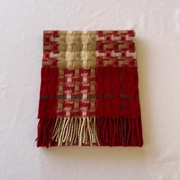 Burberry Merino Cashmere Red, Tan, Cream Plaid Scarf - Picture 8 of 10